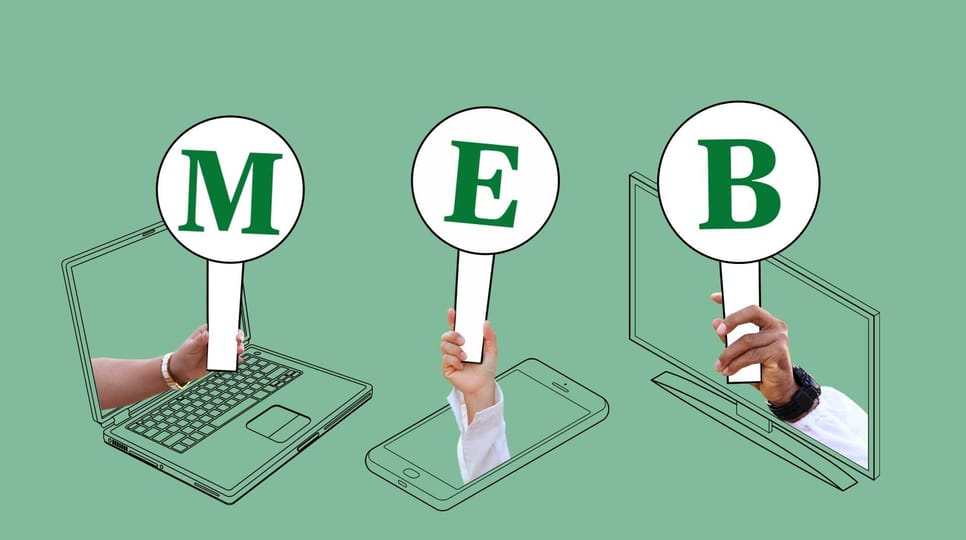 Animation mit drei Händen, die aus verschiedenen Geräten (Laptop, Smartphone, Fernseher) herausragen und jeweils ein Schild mit einem Buchstaben halten: „M”, „E” und „B”.