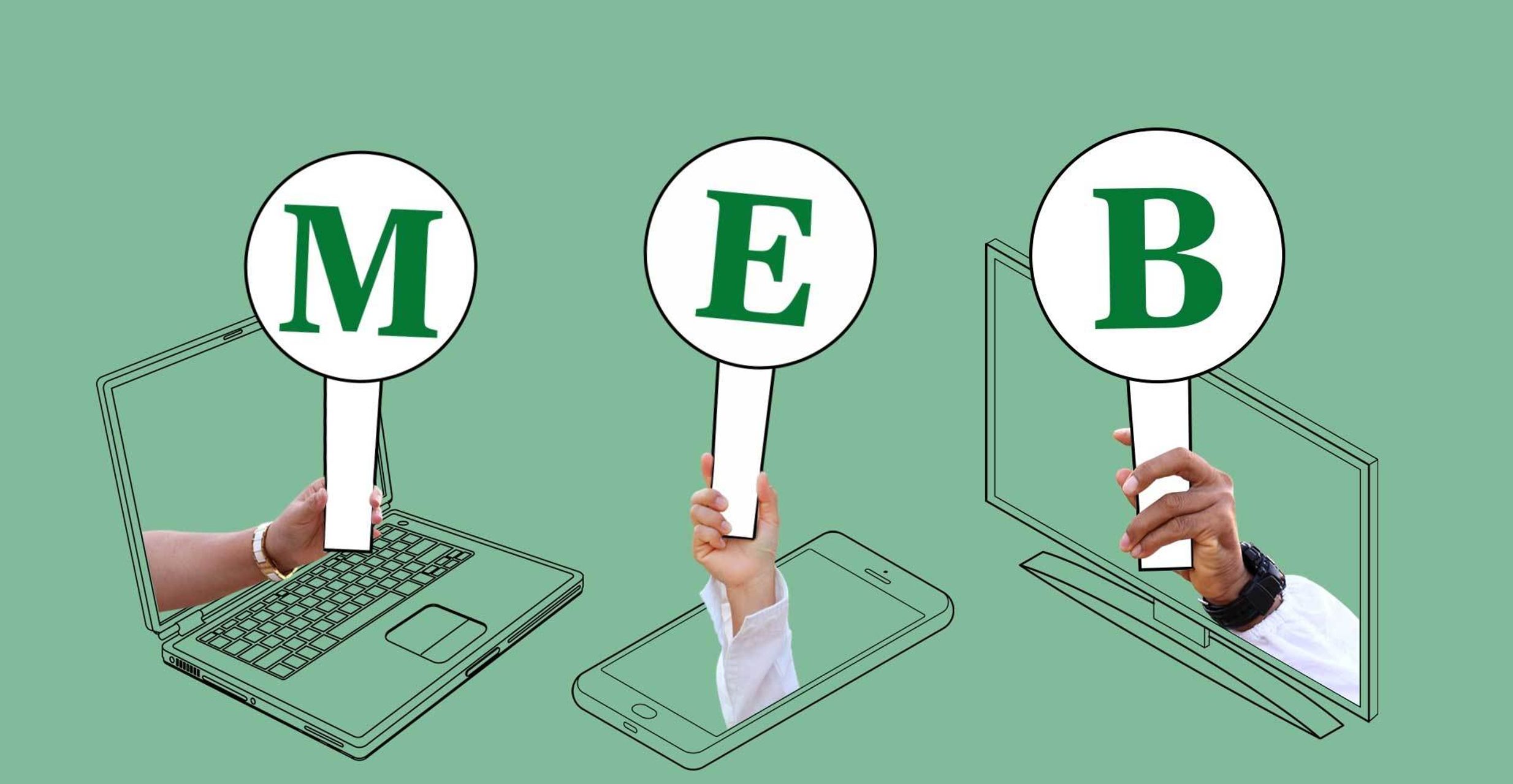 Animation mit drei Händen, die aus verschiedenen Geräten (Laptop, Smartphone, Fernseher) herausragen und jeweils ein Schild mit einem Buchstaben halten: „M”, „E” und „B”.