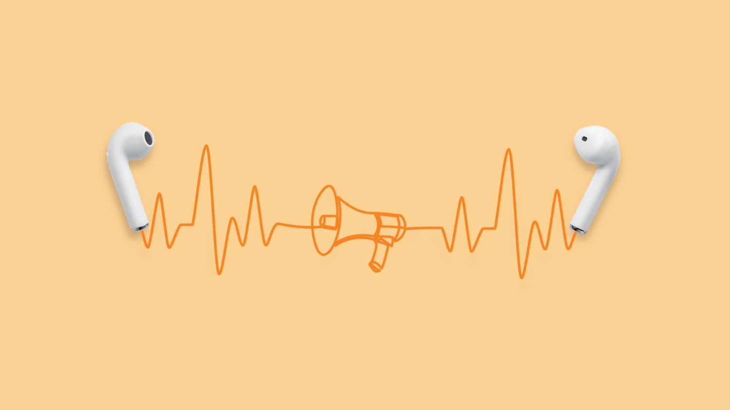Ein Paar Airpods auf einem hell-orangefarbenen Hintergrund. Die Kopfhörer sind mit einer illustrierten Linien verbunden, die ein Megafon darstellen
