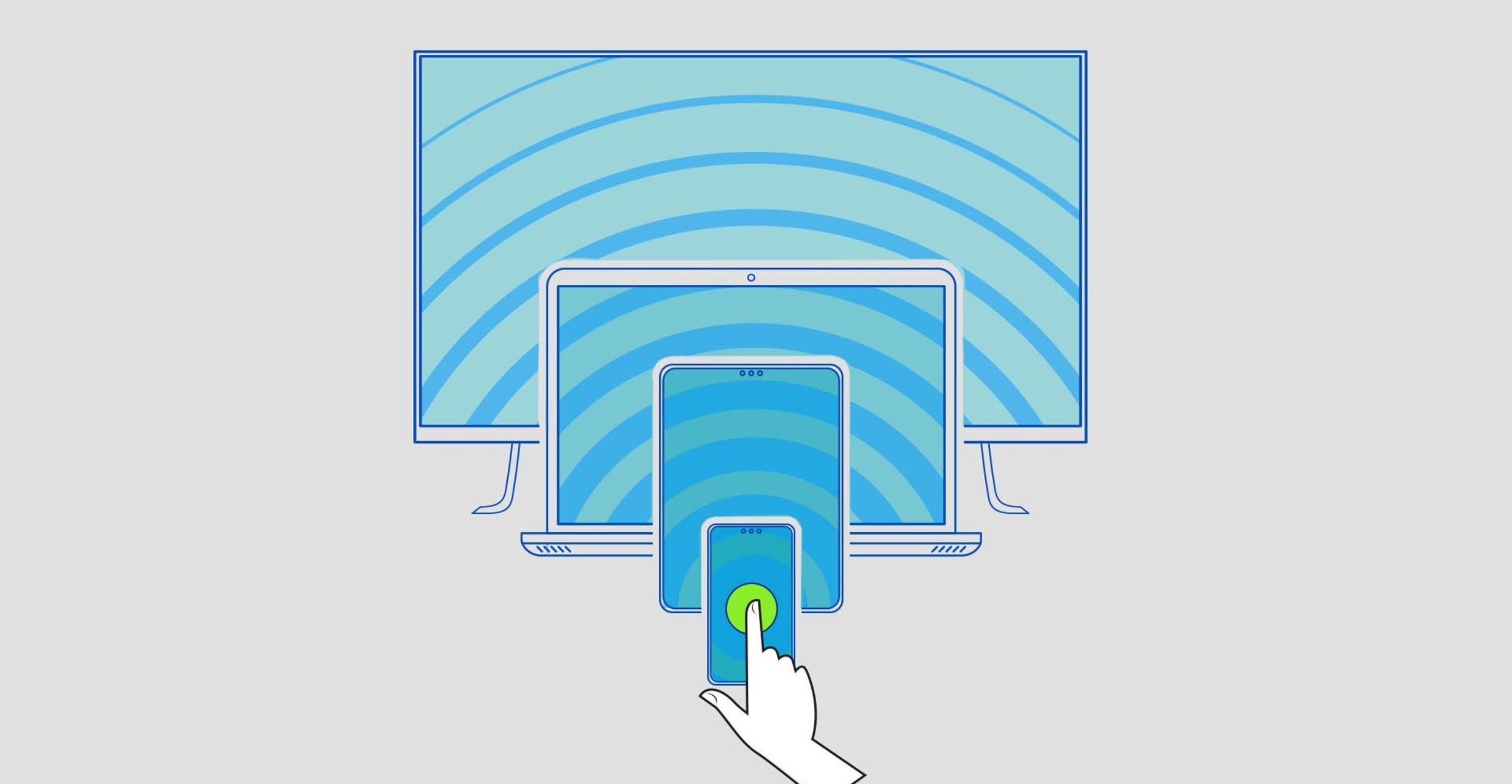Die Abbildung zeigt Geräte, die in der Reihenfolge Smartphone, Tablet, Laptop und TV-Gerät hintereinander angeordnet sind, während eine Hand auf einen grünen Kreis auf dem Smartphone tippt.
