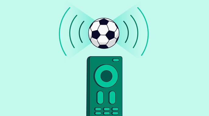A football sits on top of a broadcast tower with internet lines emanating out of it. The base of the broadcast tower is a TV remote.