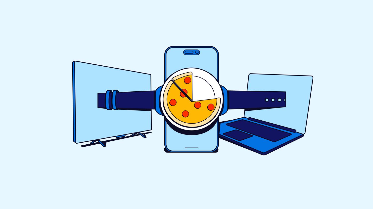 Blue graphic visualizing fast food advertising tactics, with a pizza in the middle